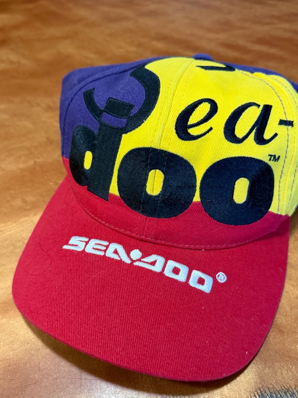 Vintage Sea-Doo Colorblock Spellout Logo Adjustable Hat Cotton 90s purple yellow